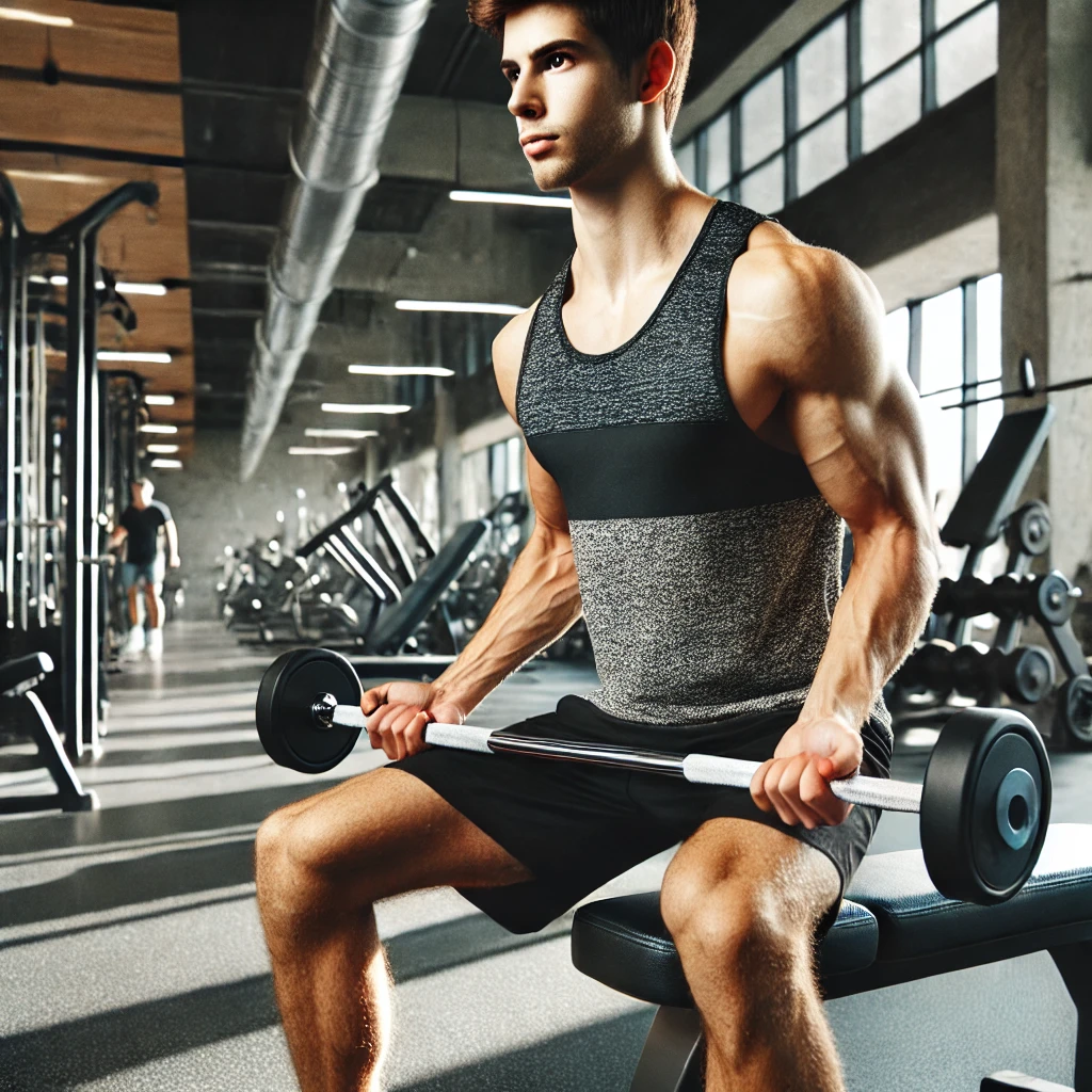 DALL·E 2024-10-05 09.09.49 - A high-quality image of a young man in a gym, lifting weights and wearing a sporty outfit. The gym environment features modern equipment, and the man